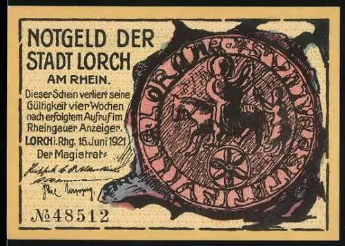 Notgeld Lorch 1921, 25 Pfennig, Siegel und Mann mit gehobenem Stein