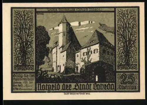 Notgeld Lobeda, 1921, 25 Pfennig, Burg in Landschaft und historische Figuren