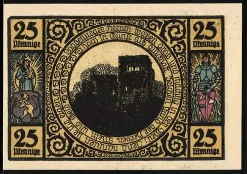 Notgeld Lobeda, 1921, 25 Pfennig, Burg und Stadtansicht mit Rittern und Gebäudeillustrationen