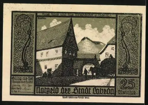 Notgeld Lobeda, 1921, 25 Pfennig, Burg und Stadtansicht mit Rittern und Gebäudeillustrationen