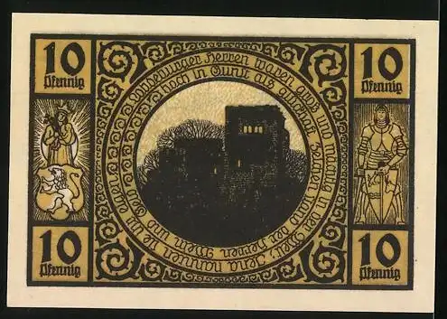 Notgeld Lobeda 1920, 10 Pfennig, Befreiungsszene mit Kette und Burgruine im Hintergrund