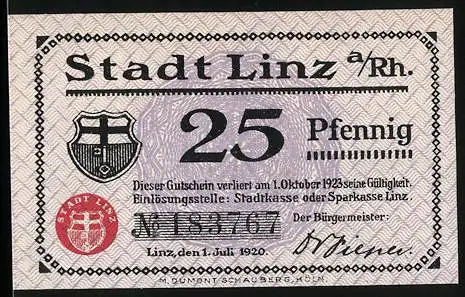 Notgeld Linz 1920, 25 Pfennig, Stadtwappen und Stadtansicht mit Fluss und Schiff