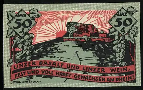 Notgeld Linz 1919, 50 Pfennig, Stadtansicht mit Sonnenaufgang und Burg zur Leyen