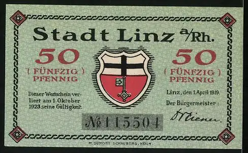 Notgeld Linz 1919, 50 Pfennig, Stadtansicht mit Sonnenaufgang und Burg zur Leyen