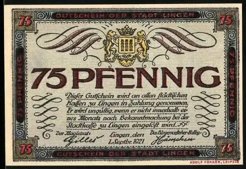 Notgeld Lingen, 1921, 75 Pfennig, Gutschein der Stadt mit Kiveling und Notenblatt