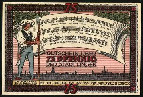 Notgeld Lingen, 1921, 75 Pfennig, Gutschein der Stadt mit Kiveling und Notenblatt