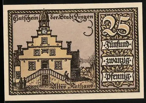 Notgeld Lingen, 1921, 25 Pfennig, Altes Rathaus und Stadtsiegel