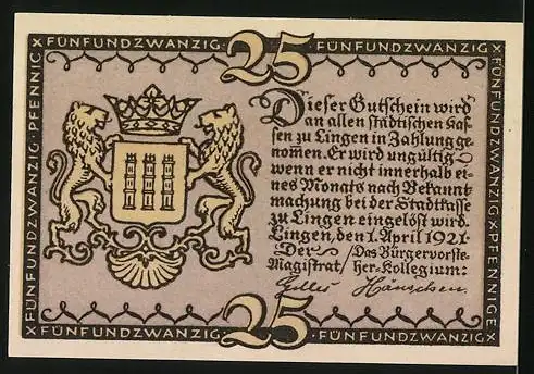 Notgeld Lingen, 1921, 25 Pfennig, Altes Rathaus und Stadtsiegel