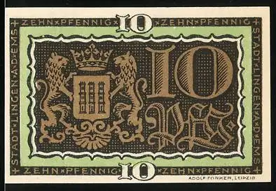 Notgeld Lingen, 10 Pfennig, Löwenwappen und Altes Rathaus Illustration