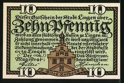 Notgeld Lingen, 10 Pfennig, Löwenwappen und Altes Rathaus Illustration