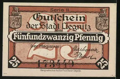 Notgeld Liegnitz, 1920, 25 Pfennig, Stadtansicht und Stadtwappen, Serie II, Nummer 74349