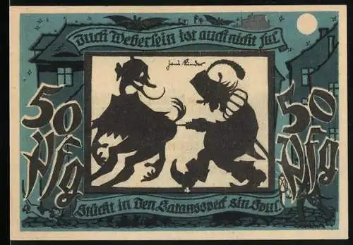 Notgeld Lichtenstein-Callnberg / Sa., 1921, 50 Pf, Stadtansicht mit Tanzszene und Bergbauarbeiter