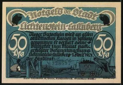 Notgeld Lichtenstein-Callnberg / Sa., 1921, 50 Pf, Stadtansicht mit Tanzszene und Bergbauarbeiter