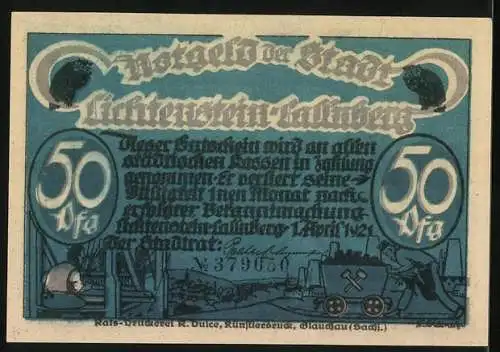 Notgeld Lichtenstein / Callnberg 1921, 50 Pfennig, Der Satanas so arg blessieret mit Webern er nie mehr pausieret