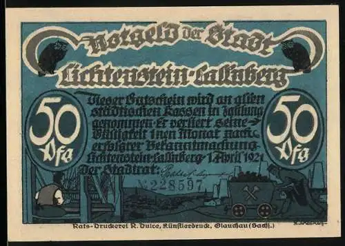 Notgeld Lichtenstein-Callnberg 1921, 50 Pf, Stadtansicht und Tanzendes Paar