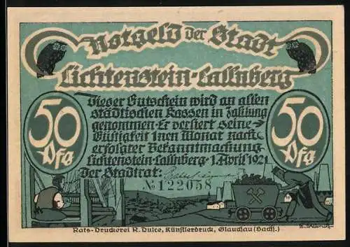 Notgeld Lichtenstein-Callnberg 1921, 50 Pfennig, Bergarbeiter und Dämon Illustration