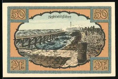 Notgeld Kolberg 1921, 50 Pfennig, Hafeneinfahrt und Gutschein See-Sool-u-Moorbad Ostsee