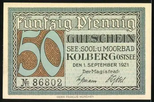 Notgeld Kolberg 1921, 50 Pfennig, Hafeneinfahrt und Gutschein See-Sool-u-Moorbad Ostsee