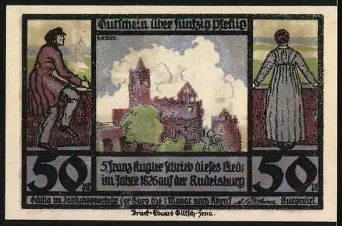 Notgeld Rudelsburg 1921, 50 Pfennig, Burgenlandschaft und Ritter, Wolken ziehen drüber hin