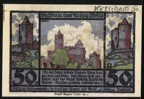 Notgeld Rudelsburg, 50 Pfennig, Burgansichten und Landschaft an der Saale