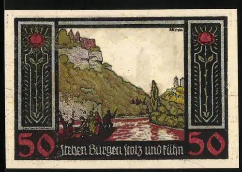 Notgeld Rudelsburg, 50 Pfennig, Sieben Burgen und Ritter mit Burgillustration