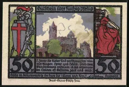 Notgeld Rudelsburg, 50 Pfennig, Sieben Burgen und Ritter mit Burgillustration