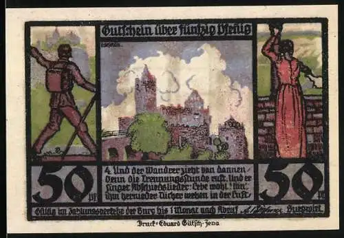 Notgeld Rudelsburg 1921, 50 Pfennig, Burgruine und Figuren in mittelalterlicher Kleidung