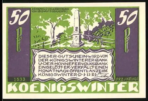 Notgeld Königswinter, 1921, 50 Pfennig, Denkmal Volkserhebung von 1813 auf Drachenfels, Flamme Empor Gedicht