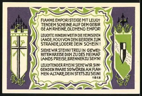 Notgeld Königswinter, 1921, 50 Pfennig, Denkmal Volkserhebung von 1813 auf Drachenfels, Flamme Empor Gedicht