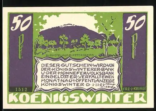 Notgeld Königswinter, 1921, 50 Pfennig, Ansicht des Petersbergs und Gedicht von Julius Inkermann