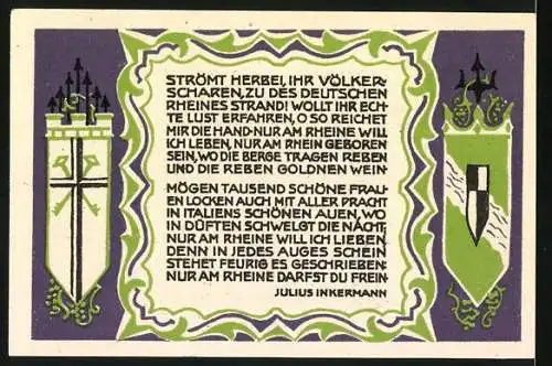 Notgeld Königswinter, 1921, 50 Pfennig, Ansicht des Petersbergs und Gedicht von Julius Inkermann