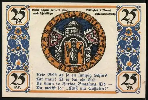 Notgeld Köslin 1921, 25 Pf., Denkmal und Gebäude, Text in plattdeutscher Sprache