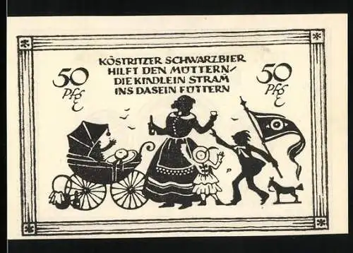 Notgeld Köstritz, 50 Pfennig, Köstritzer Schwarzbier Werbung mit Mutter und Kindern