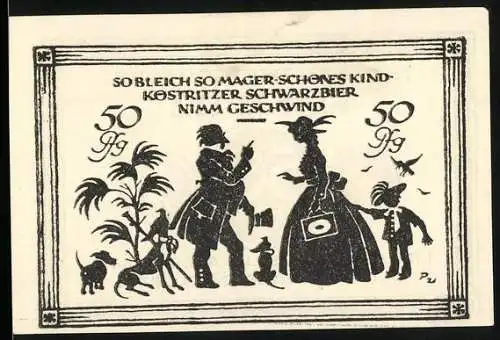 Notgeld Köstritz, 50 Pfennig, Illustration mit Familie und Tieren, Text So bleich so mager-schönes Kind ...