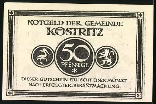 Notgeld Köstritz, 50 Pfennig, Illustration mit Familie und Tieren, Text So bleich so mager-schönes Kind ...