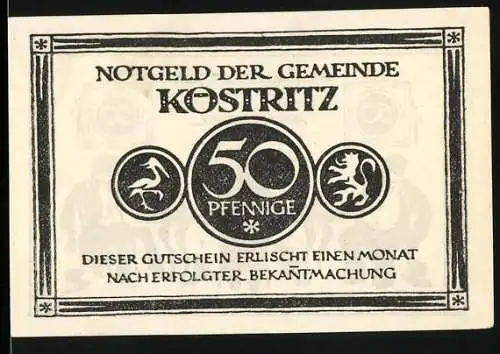 Notgeld Köstritz, 50 Pfennige, Gutschein mit Schwarzbier-Motiv und Löwen-Emblem