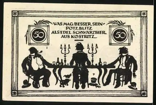 Notgeld Köstritz, 50 Pfennige, Gutschein mit Schwarzbier-Motiv und Löwen-Emblem