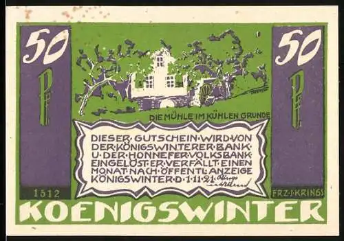 Notgeld Königswinter, 1921, 50 Pf, Die Mühle im Kühlen Grunde und Gedicht von Eichendorff