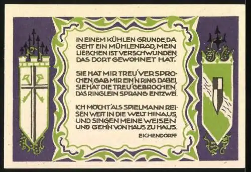 Notgeld Königswinter, 1921, 50 Pf, Die Mühle im Kühlen Grunde und Gedicht von Eichendorff