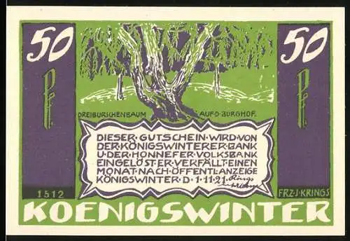 Notgeld Königswinter, 1921, 50 Pf, Dreiburschenbaum, Gedicht von Ludwig Uhland