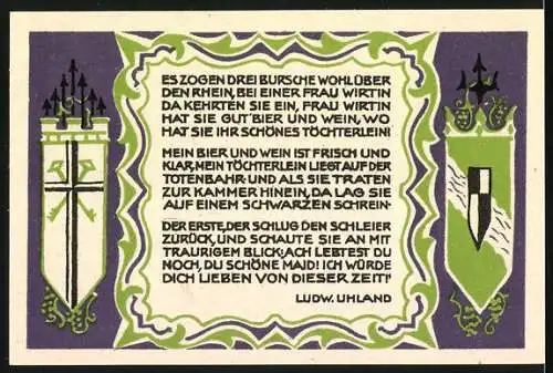 Notgeld Königswinter, 1921, 50 Pf, Dreiburschenbaum, Gedicht von Ludwig Uhland