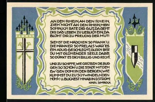 Notgeld Königswinter, 1921, 50 Pfennig, Landschaftsansicht und Gedicht von Karl Simrock