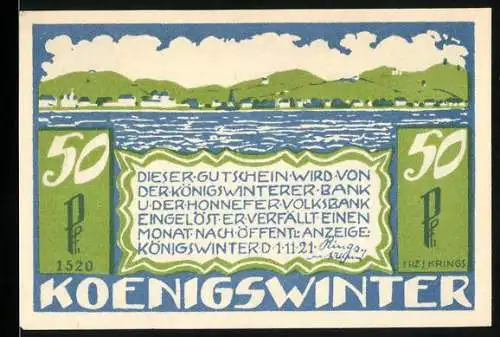 Notgeld Königswinter, 1921, 50 Pfennig, Landschaft und Gedicht am Rhein