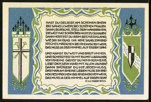 Notgeld Königswinter, 1921, 50 Pfennig, Landschaft und Gedicht am Rhein