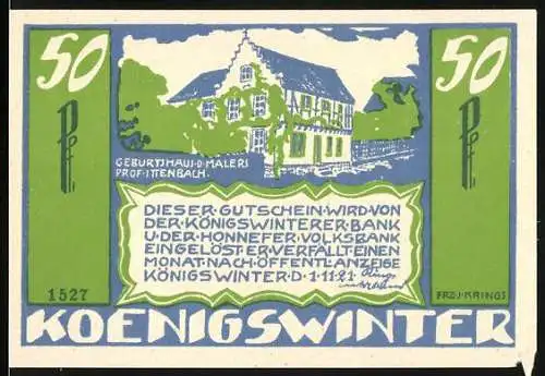 Notgeld Königswinter, 1921, 50 Pfennig, Geburtshaus des Malers Prof. Ittenbach, Gedicht und Wappen