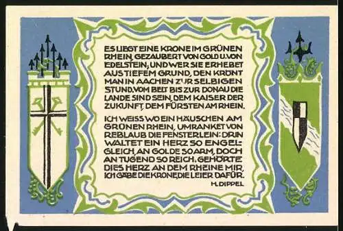 Notgeld Königswinter, 1921, 50 Pfennig, Geburtshaus des Malers Prof. Ittenbach, Gedicht und Wappen