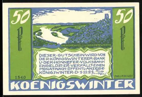 Notgeld Königswinter, 1921, 50 Pfennig, Drachenfels und Nonnenwerth, Gedicht auf Rückseite