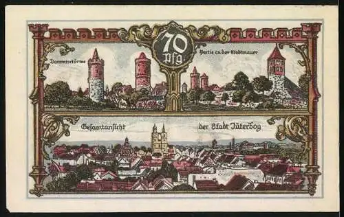 Notgeld Jüterbog, 1922, 70 Pfennig, Der Schmied von Jüterbog und Stadtansichten