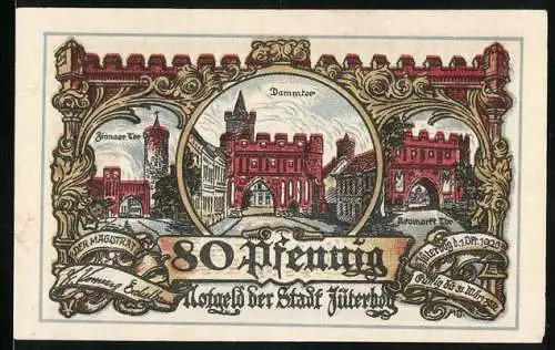 Notgeld Jüterbog 1920, 80 Pfennig, Dammtor und Lübecker Stadttore, mit altem Spruch an den Toren der Stadt