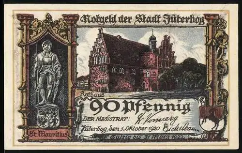 Notgeld Jüterbog 1920, 90 Pfennig, Rathaus und Bürgermeisterzimmer im Rathaus